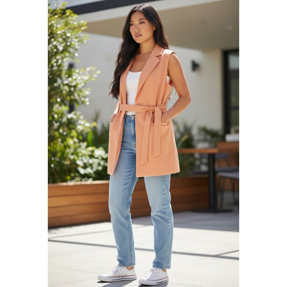 NEW Rachel Zoe Womens Size M Orange Peach Long Vest Blazer Dress Stretch Office